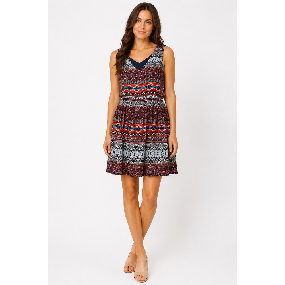 BCX Womens XL Red Blue Geometric Tribal Print Cutout Back Fit & Flare Dress